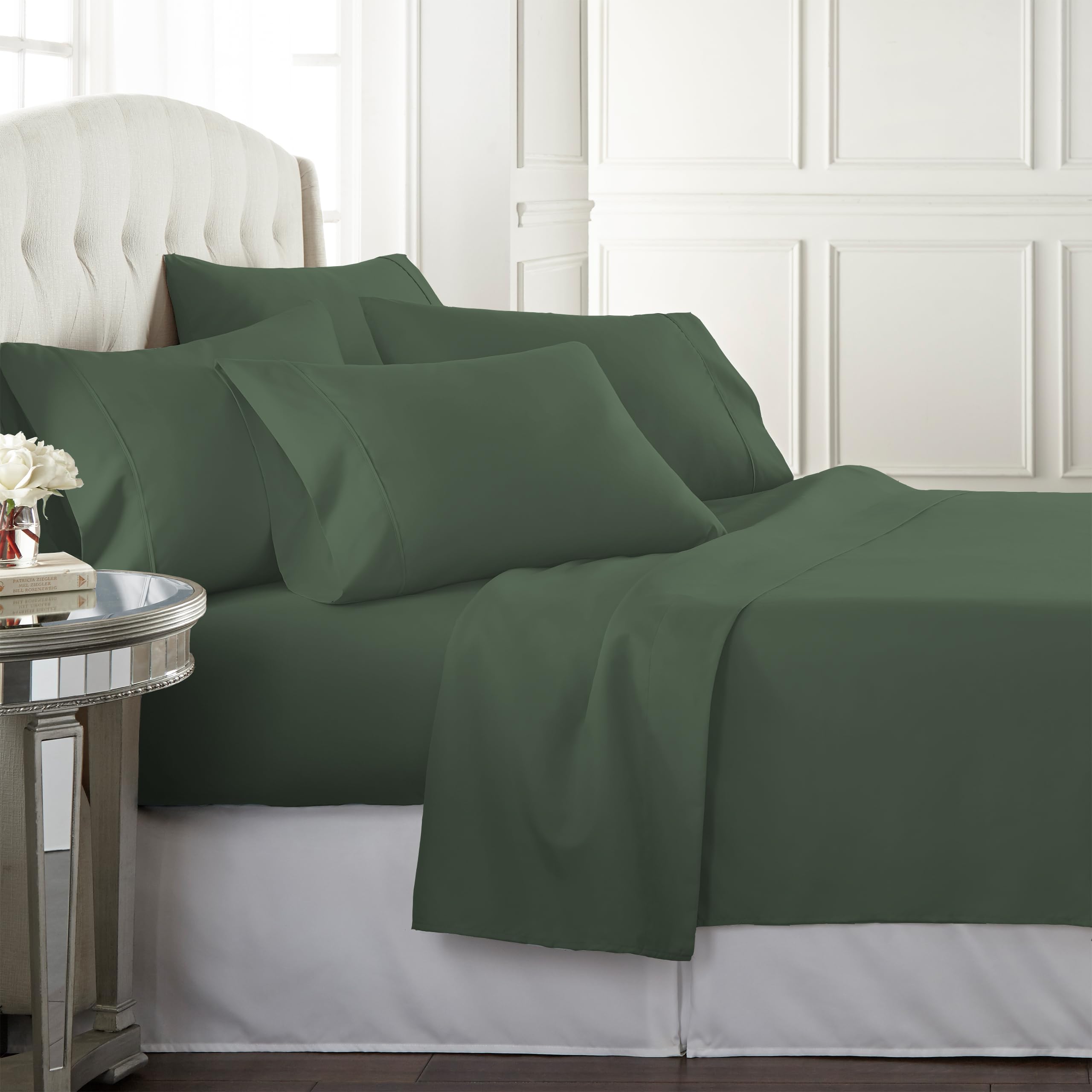 Danjor Linens front view of dark sage sheet set showing full packaging and style benefit