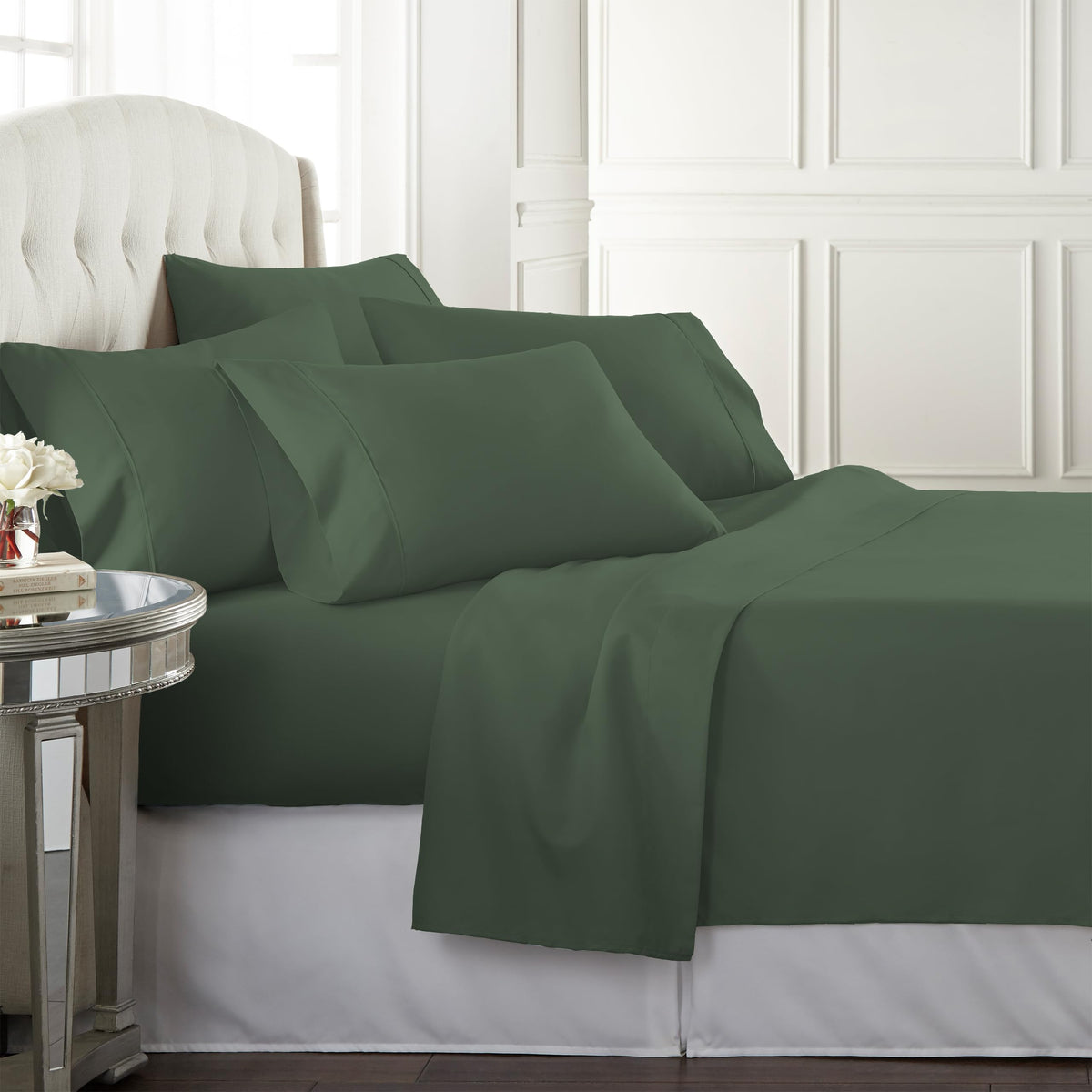 Danjor Linens front view of dark sage sheet set showing full packaging and style benefit