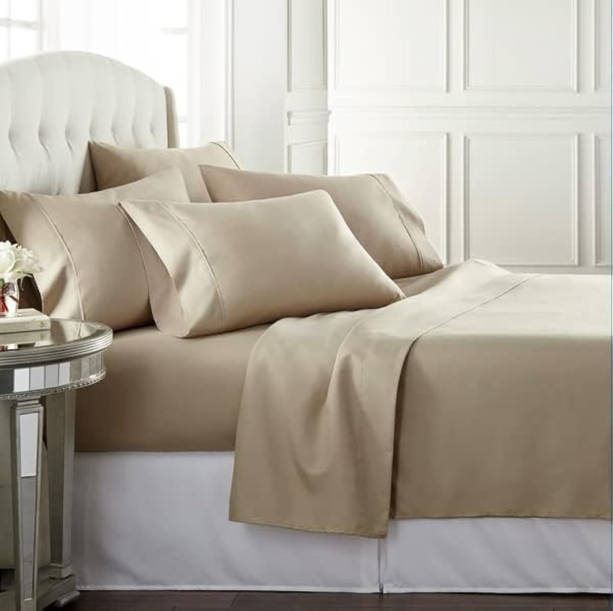 Danjor Linens front packaging showing queen taupe set and complete contents benefit convenience