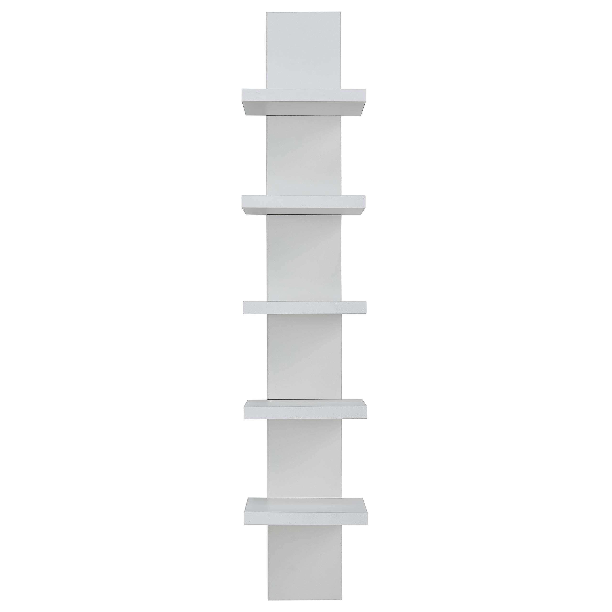 Danya B front view of five-tier white wall shelf showing neat vertical storage benefit