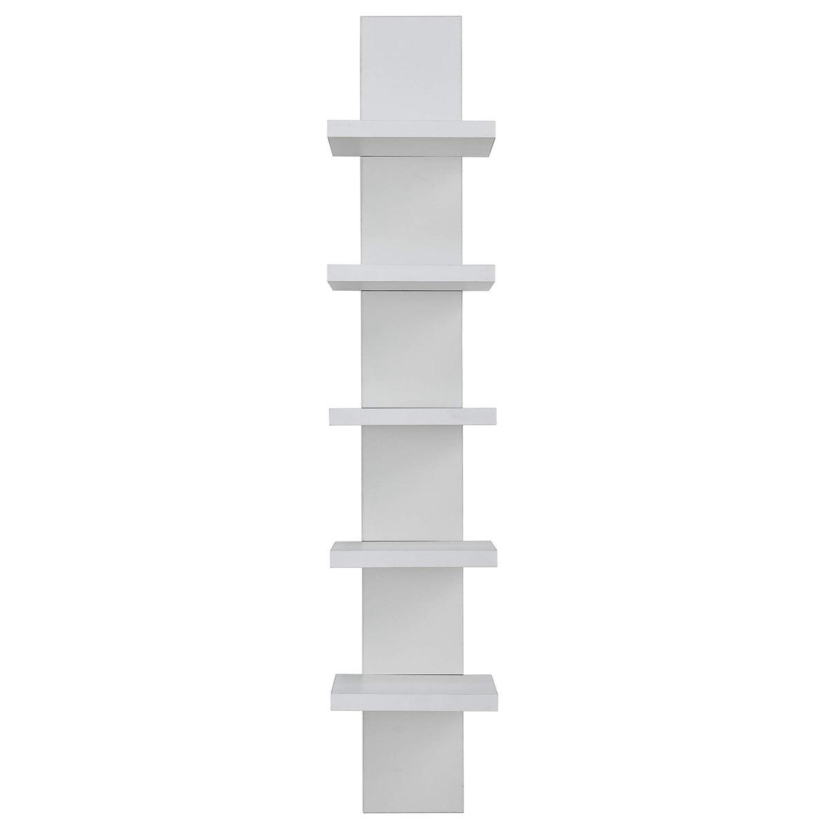Danya B front view of five-tier white wall shelf showing neat vertical storage benefit