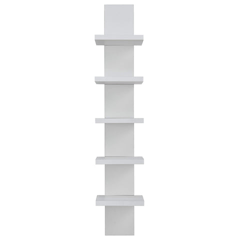 Danya B front view of five-tier white wall shelf showing neat vertical storage benefit