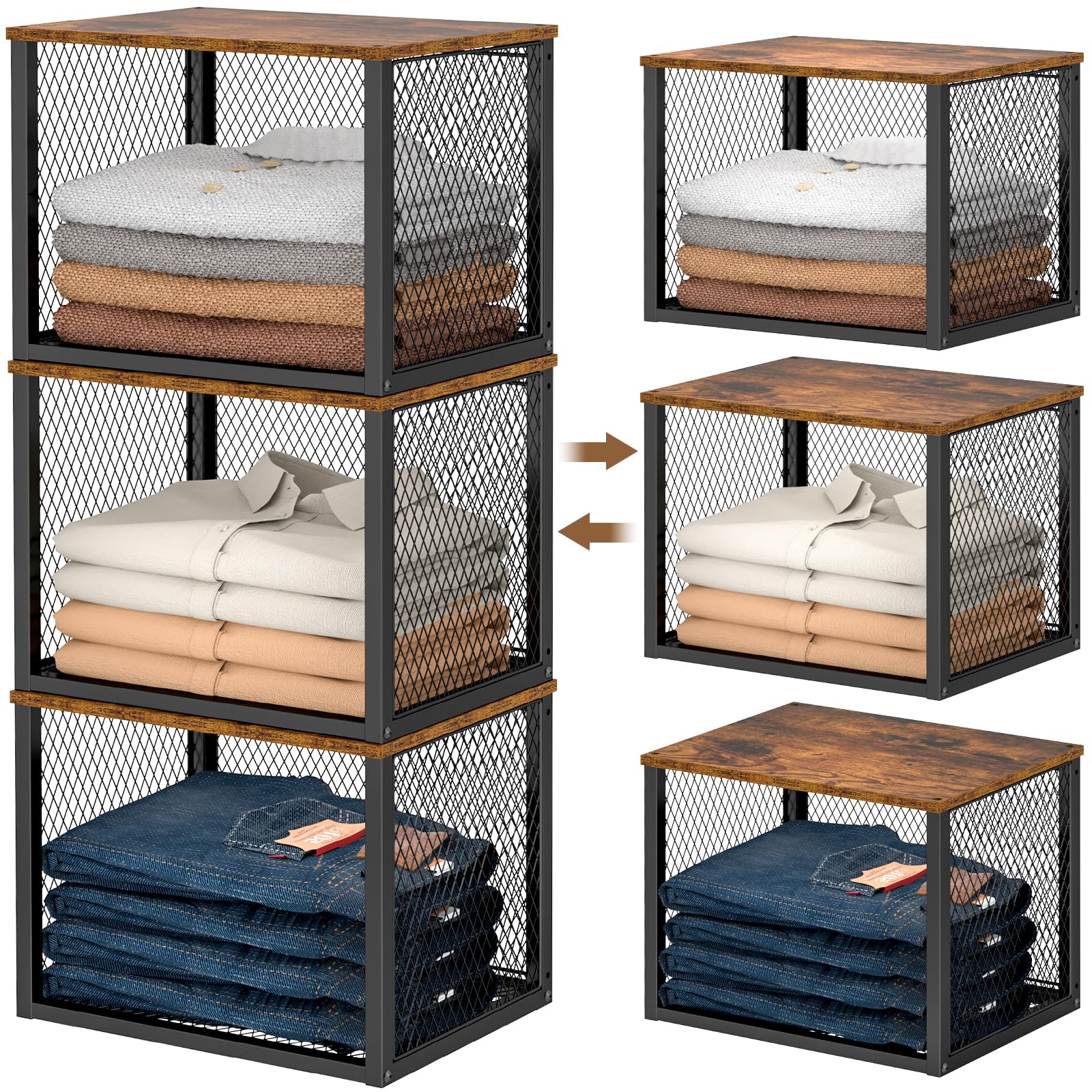 DAOUTIME three-pack front view showing stacked black mesh cubes and wood tops for compact storage