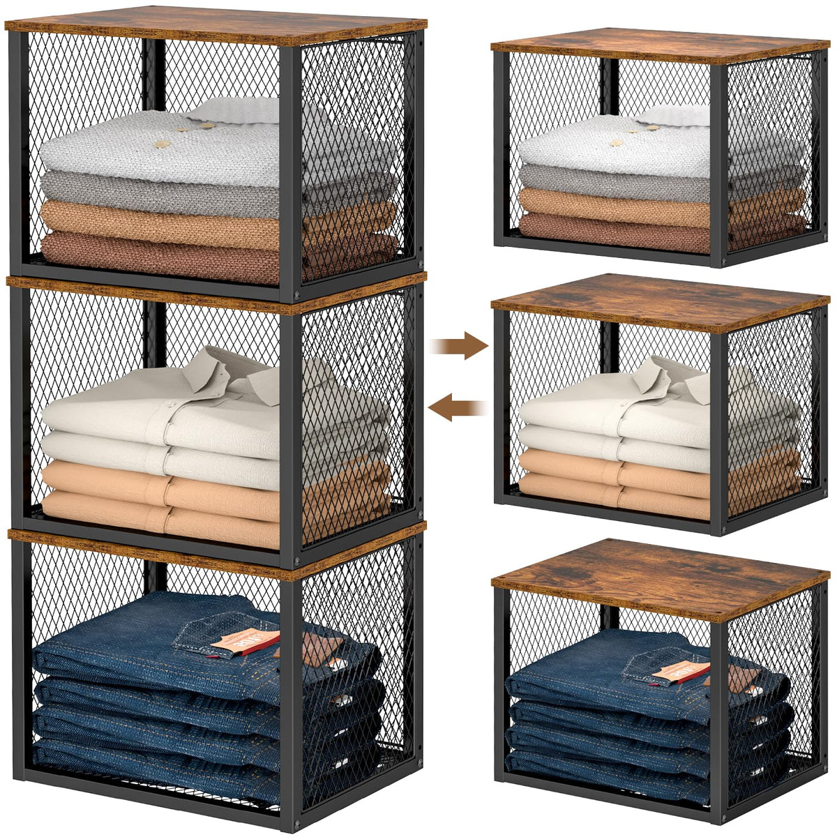 DAOUTIME three-pack front view showing stacked black mesh cubes and wood tops for compact storage