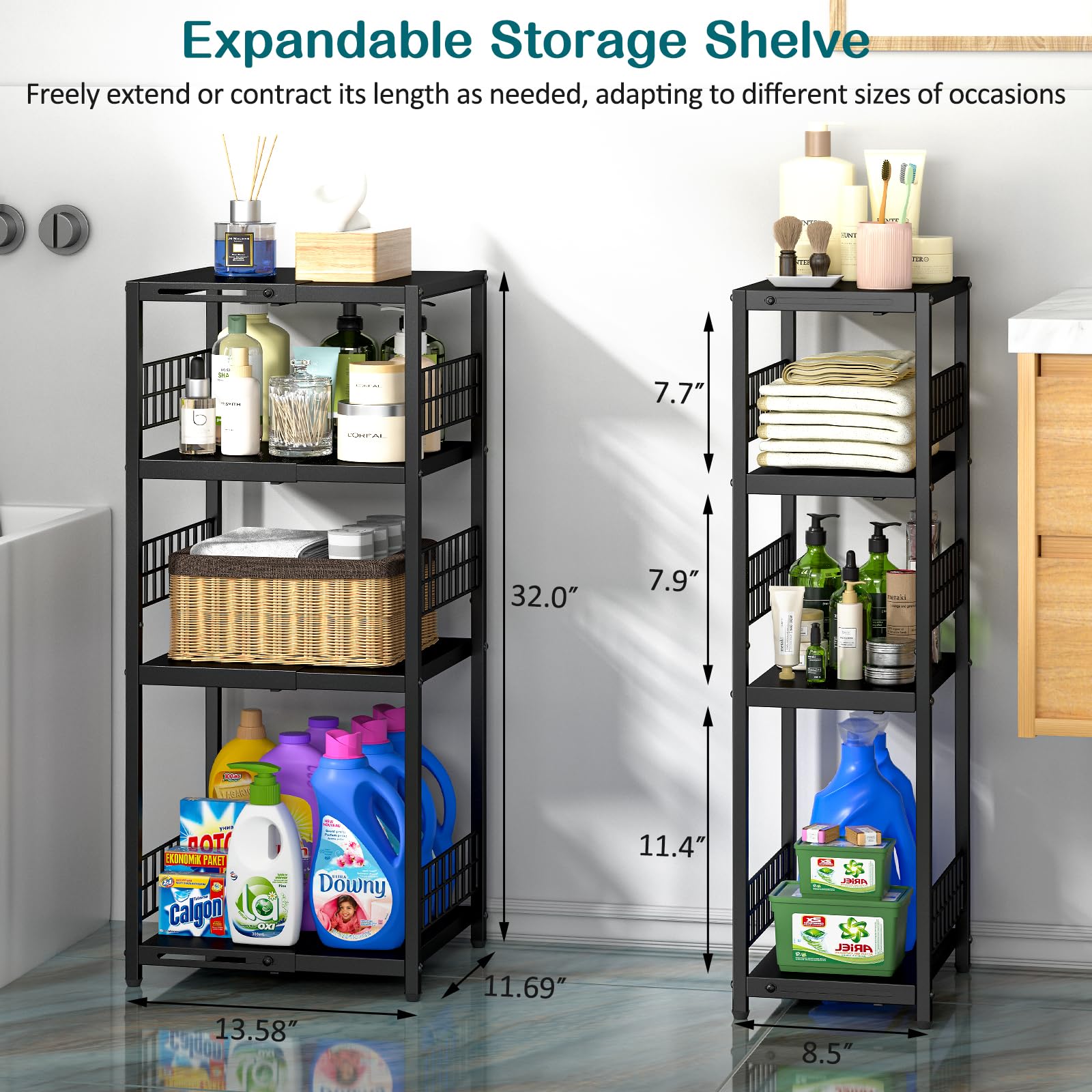 DAOUTIME fully expanded shelf demonstrating adjustable-width advantage