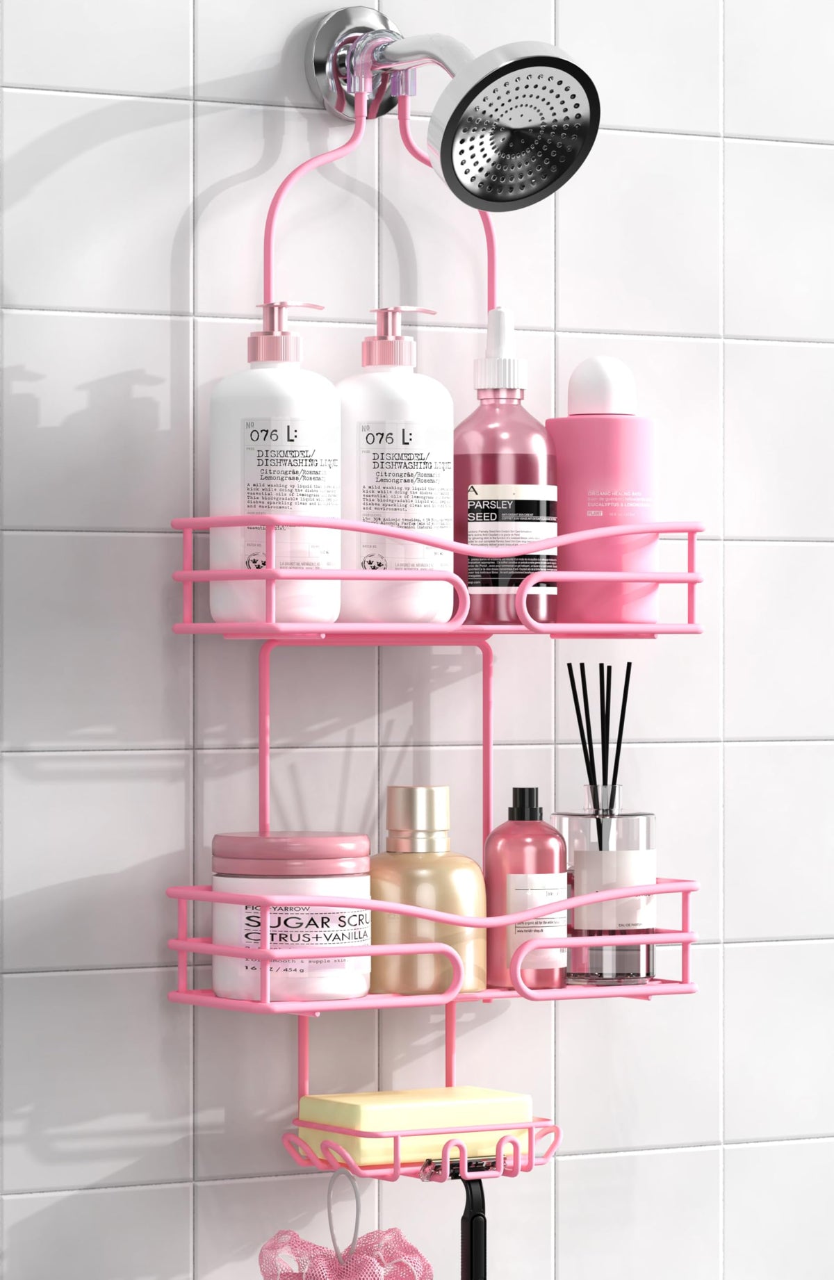 DAOYA pink caddy front view showing organized bottles and tidy storage benefit