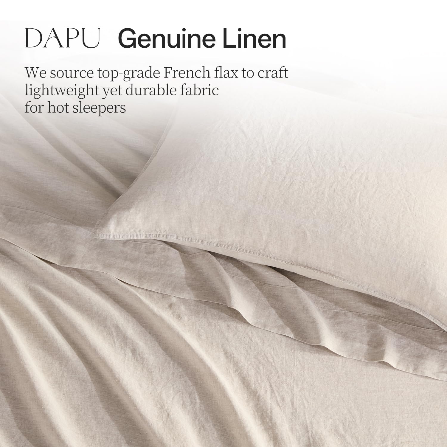 DAPU linen close-up texture showing stonewashed fibers and long-lasting softness benefit