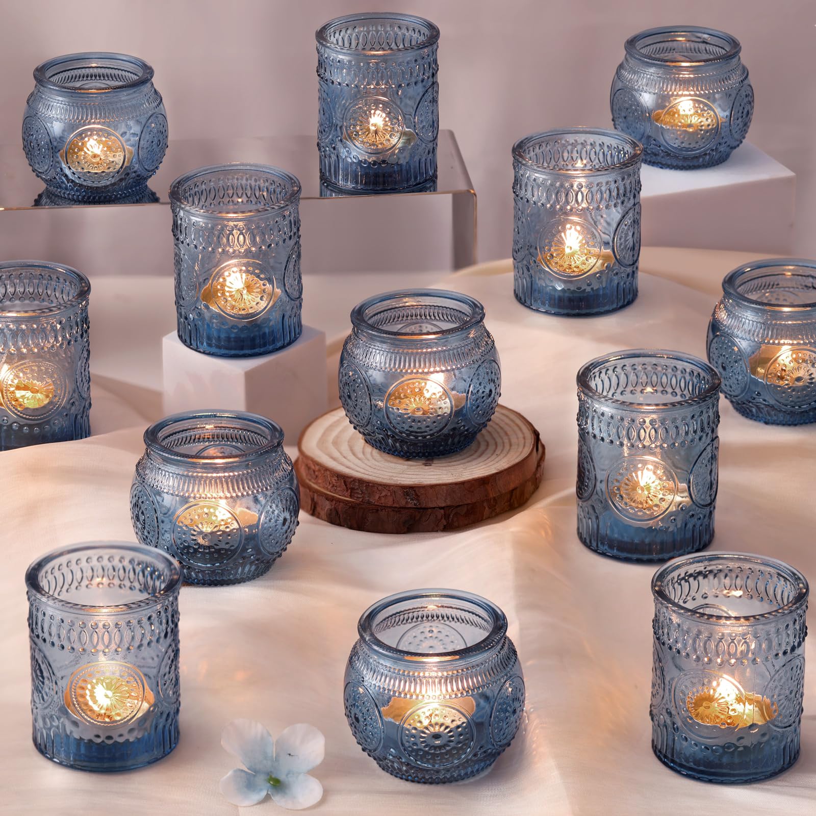 DARJEN front view of blue votive holders showing full set and packaging benefit