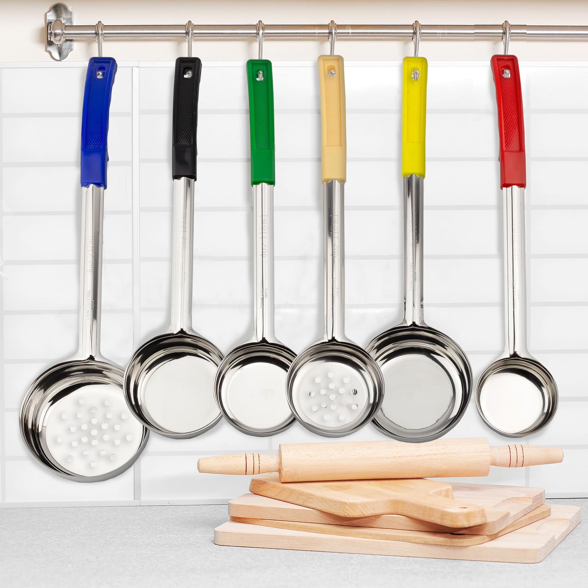 Darware multicolored handles arranged to show color coding for fast portion picking