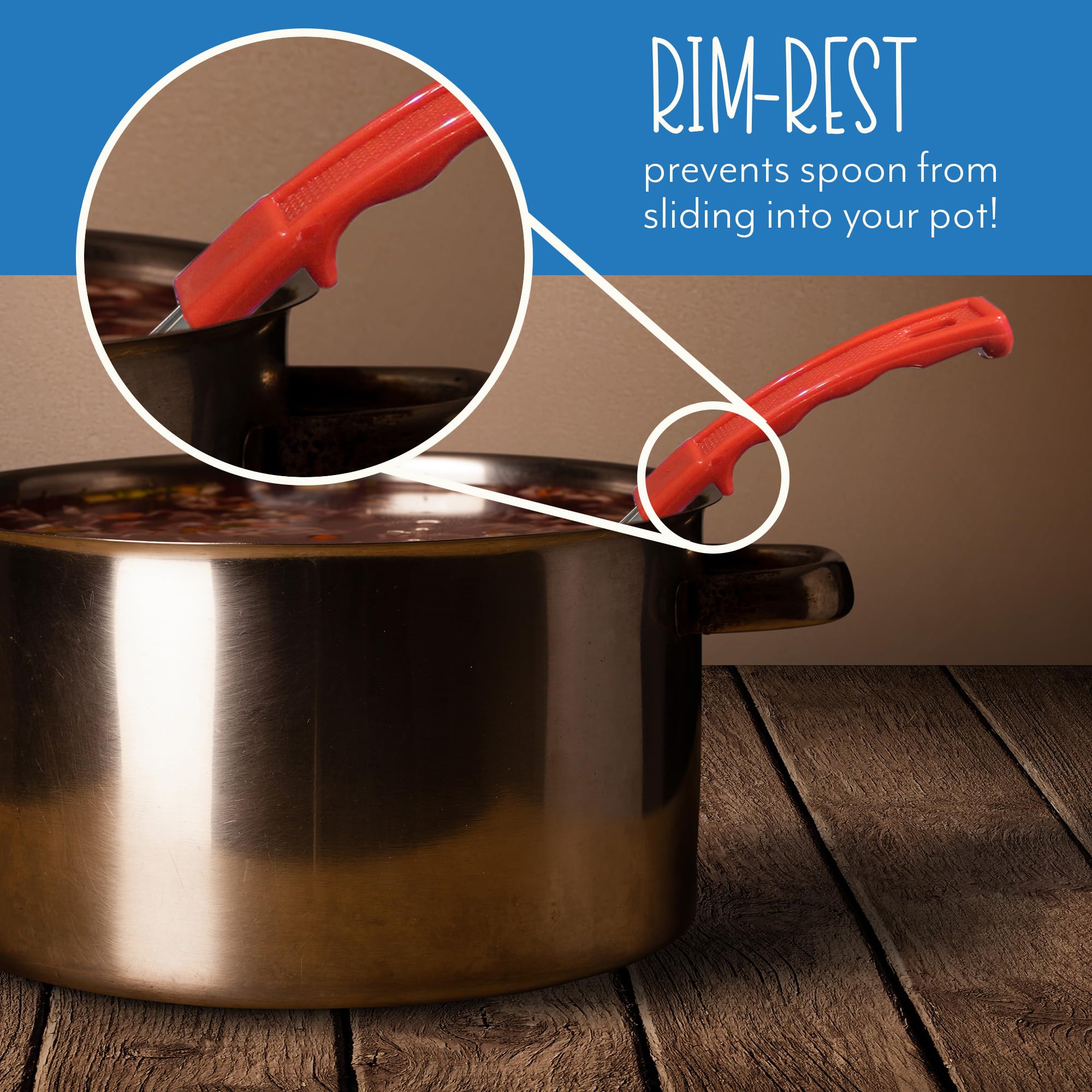 Darware ladles beside ruler to show 13–15 inch length for safe deep-pot use