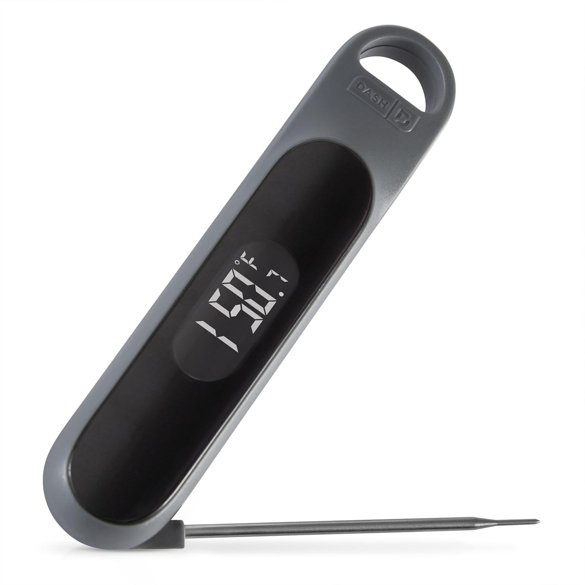 Dash thermometer front view showing cool gray body and probe for reliable readings