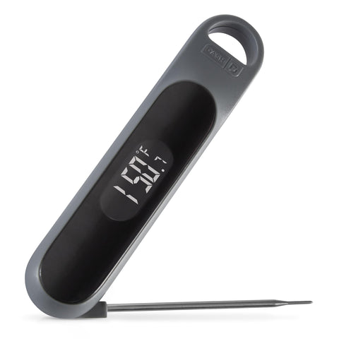 Dash thermometer front view showing cool gray body and probe for reliable readings