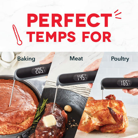 Dash thermometer next to utensil showing compact size and portability