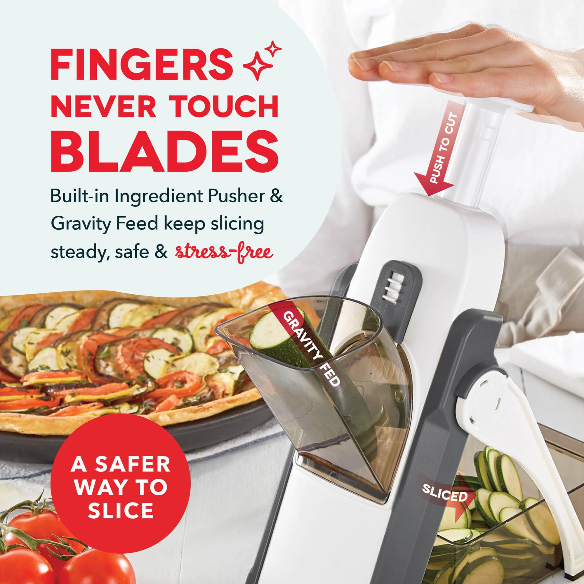Dash Safe Slice blade close-up demonstrating precision slicing safety