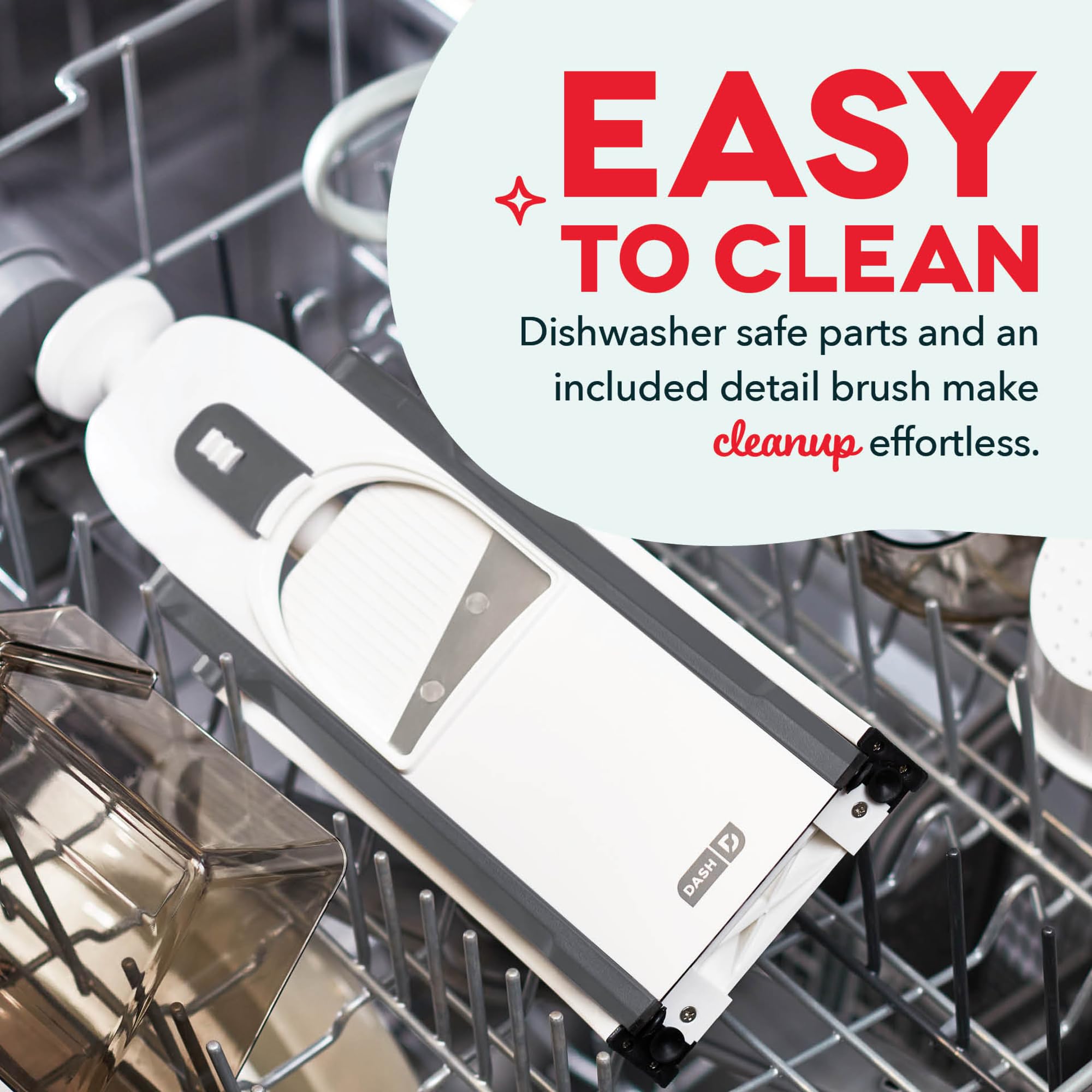 Dash Safe Slice ingredient pusher protecting hands during slicing