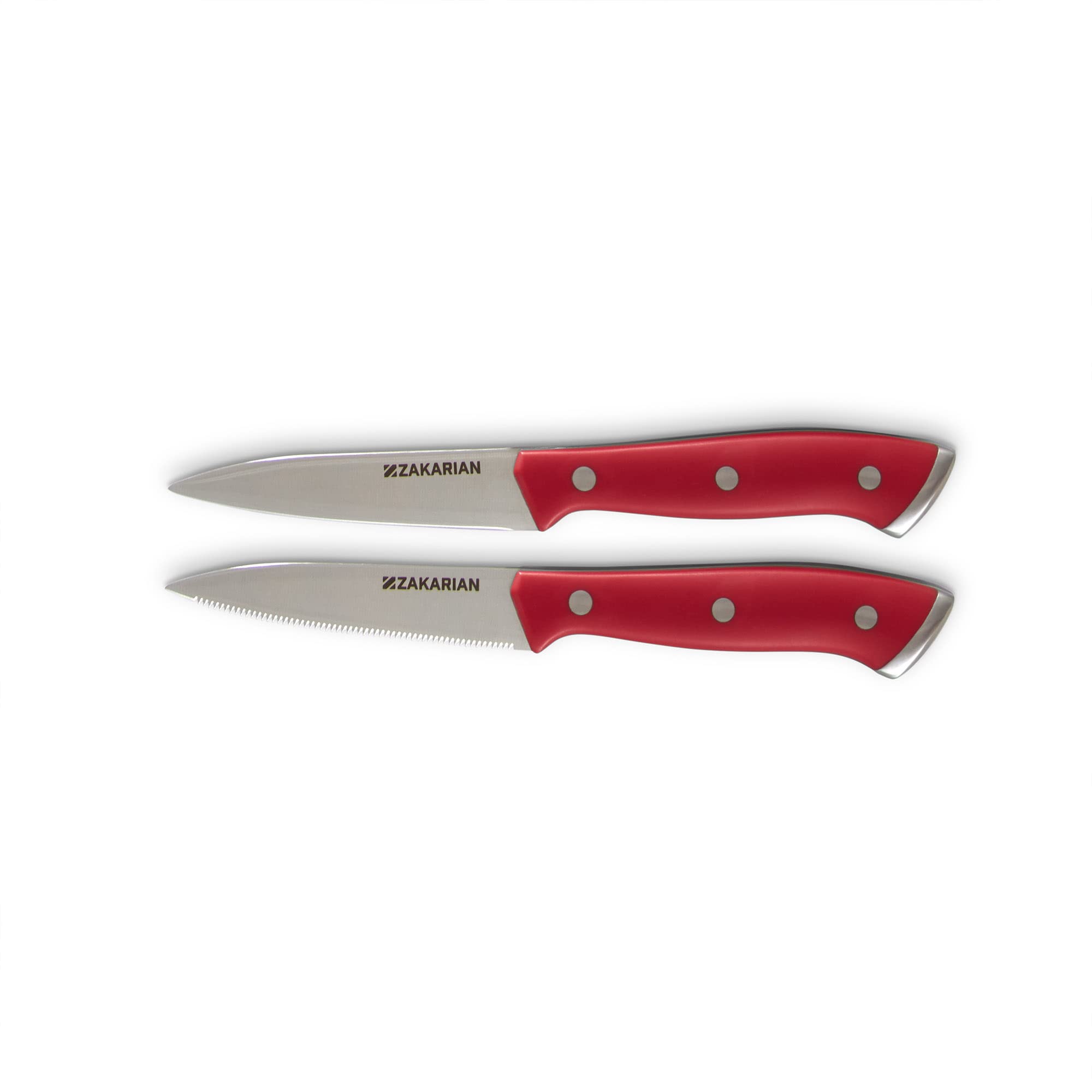Dash Zakarian front view showing two cranberry-handled paring knives and balanced grip benefit