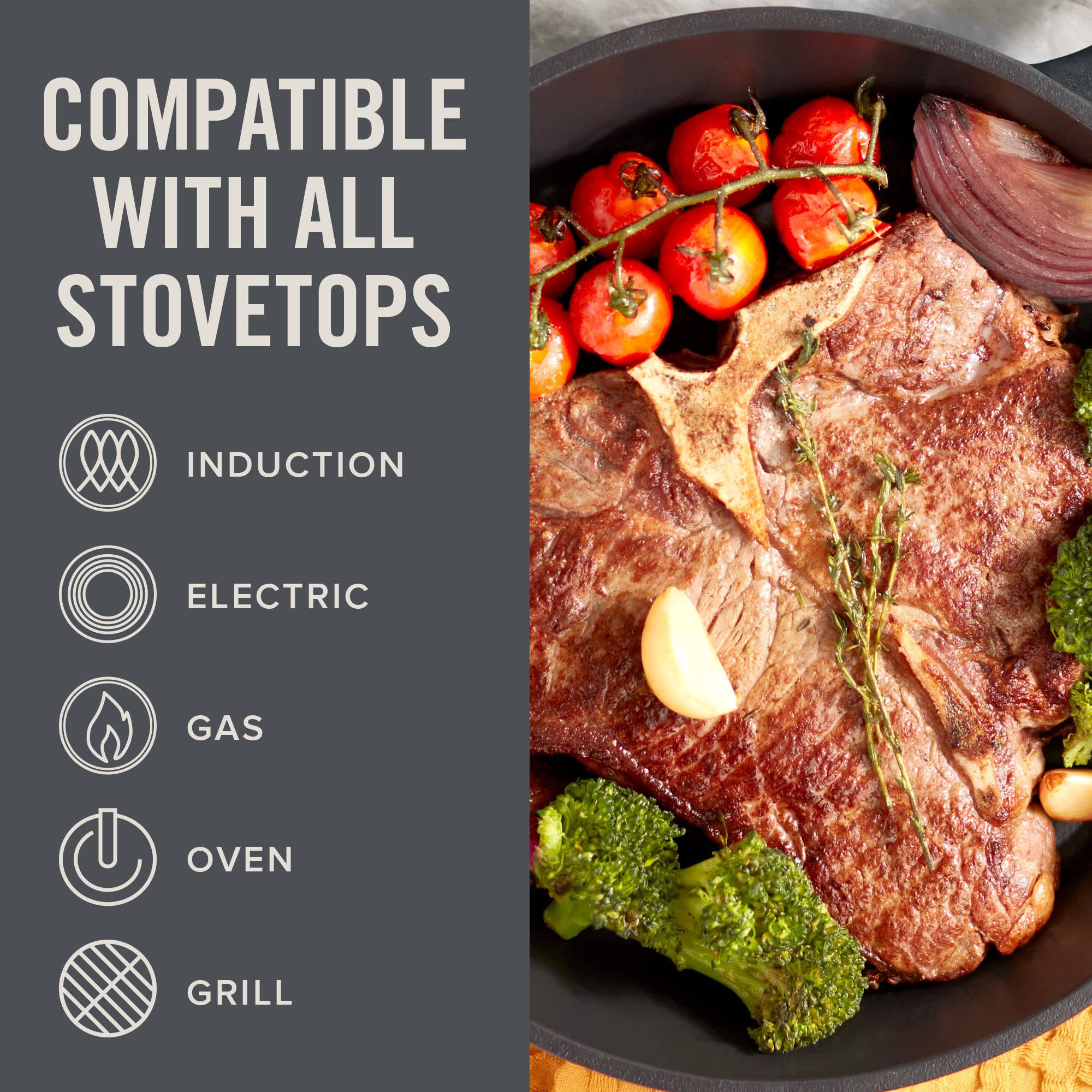 DASH skillet searing a steak on stovetop offering even browning and heat retention