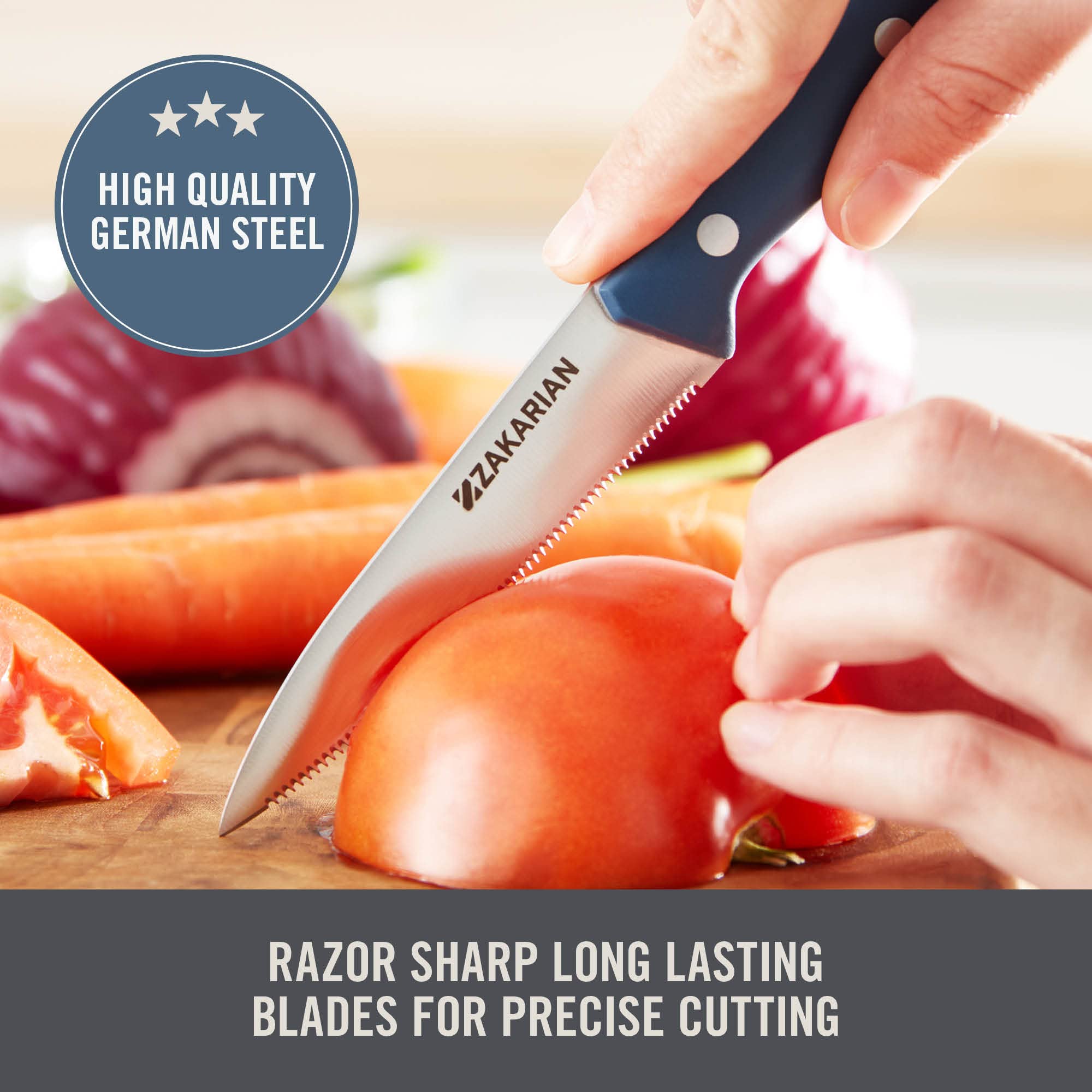 DASH Zakarian serrated blade detail, demonstrates clean grip on tomato skins