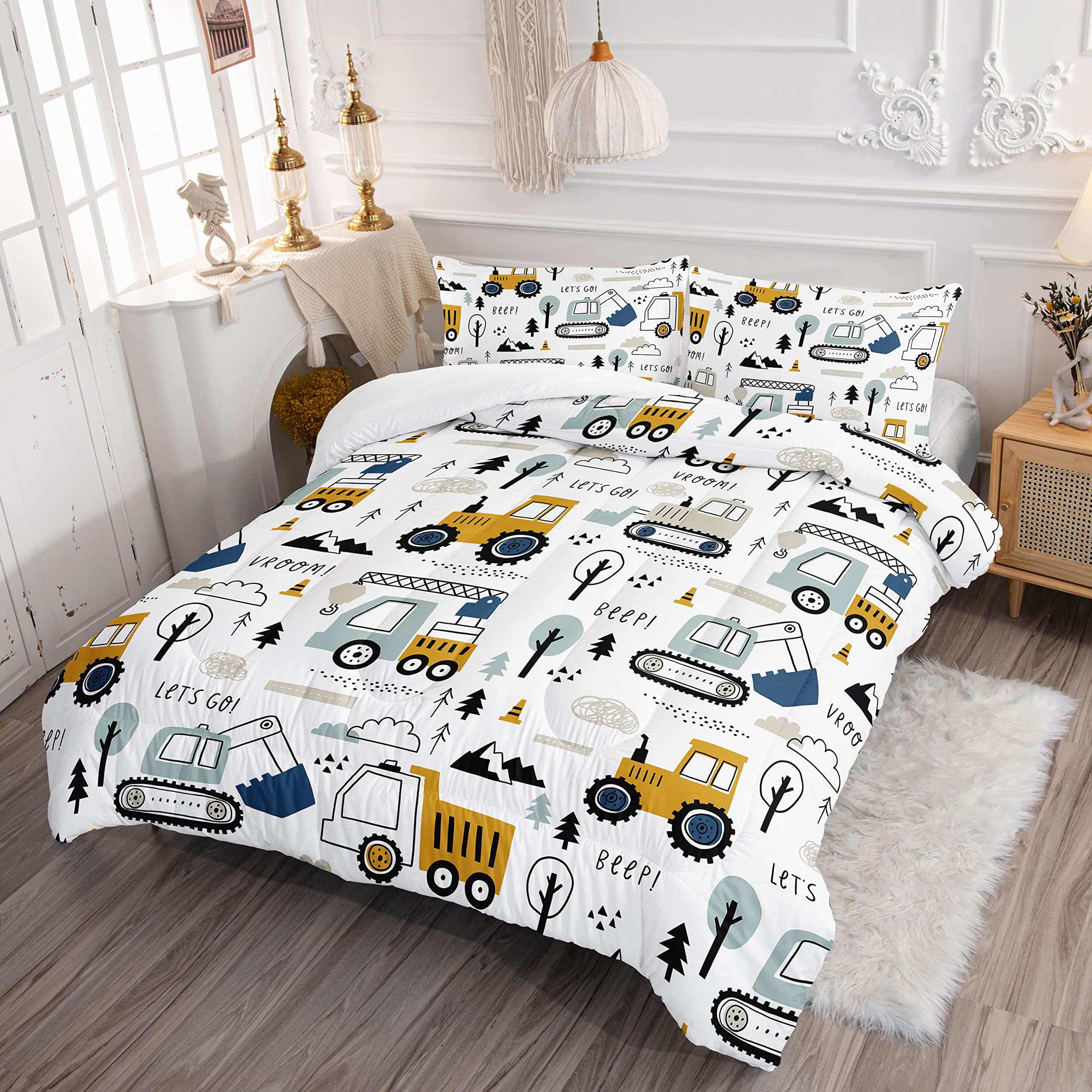 Datura home comforter on twin bed lifestyle scene adds fun construction theme to room