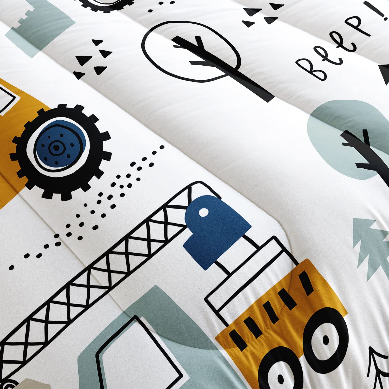 Datura home pillowcase detail showing printed excavator motif and coordinated look