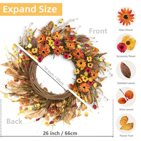 Davimono wreath beside door showing 26-inch scale and fit