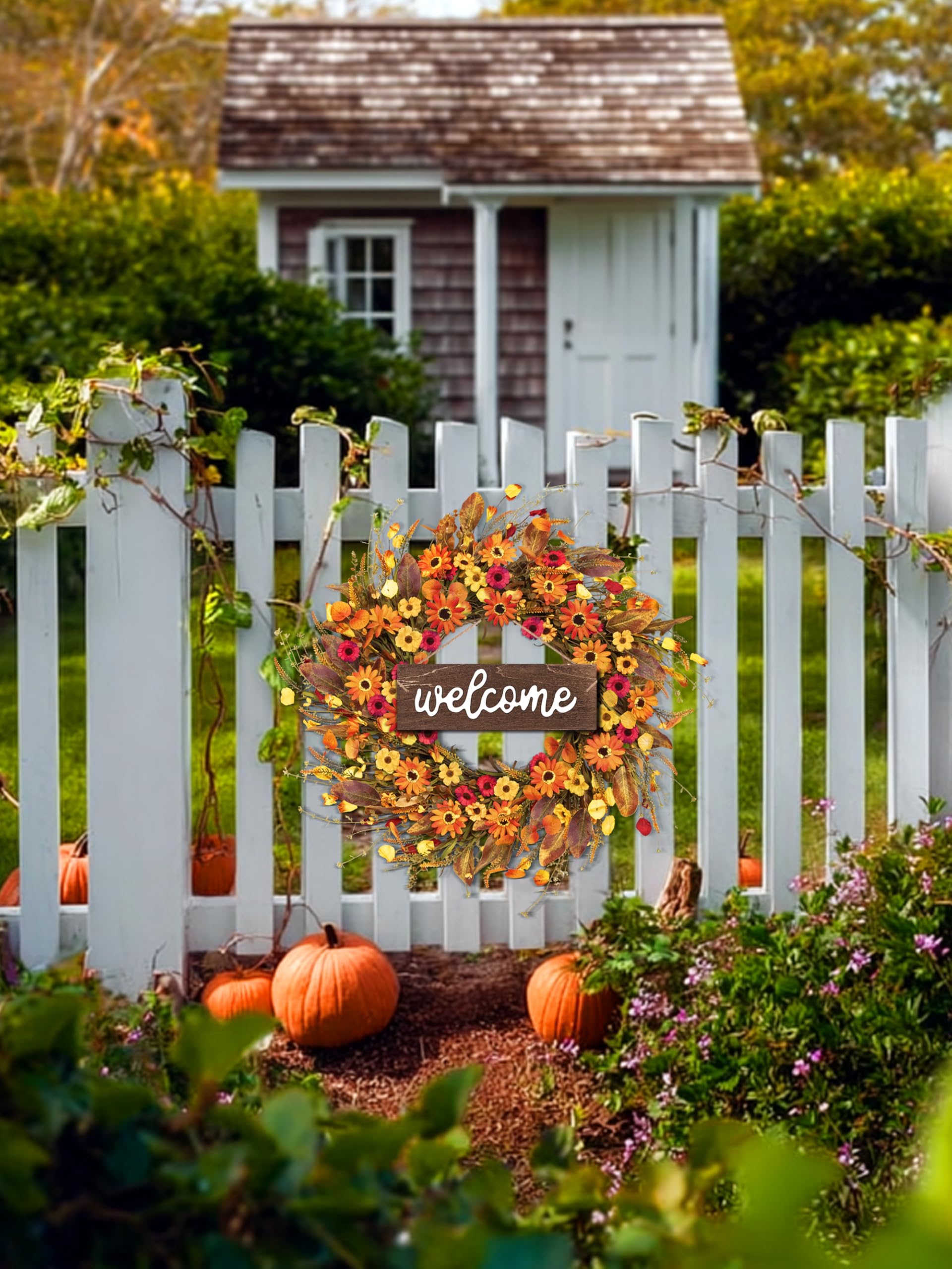 Davimono wreath hung on porch creating inviting fall entrance