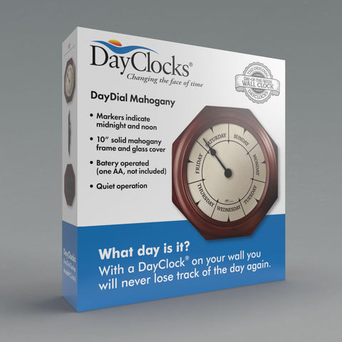 DayClocks glass dial detail highlighting clear noon and midnight markers for clarity