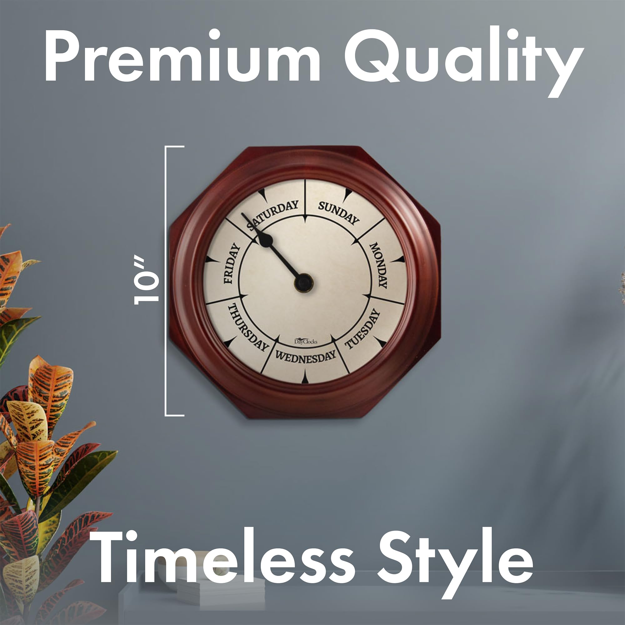 DayClocks side profile showing mahogany wood grain and polished frame benefit