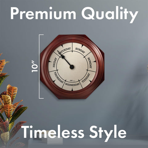 DayClocks side profile showing mahogany wood grain and polished frame benefit