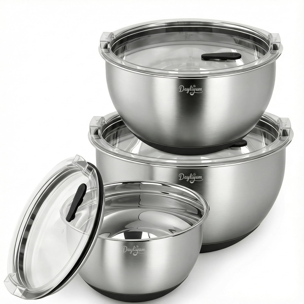 Dayliyum front packaging showing black mixing bowls and lids for organized storage