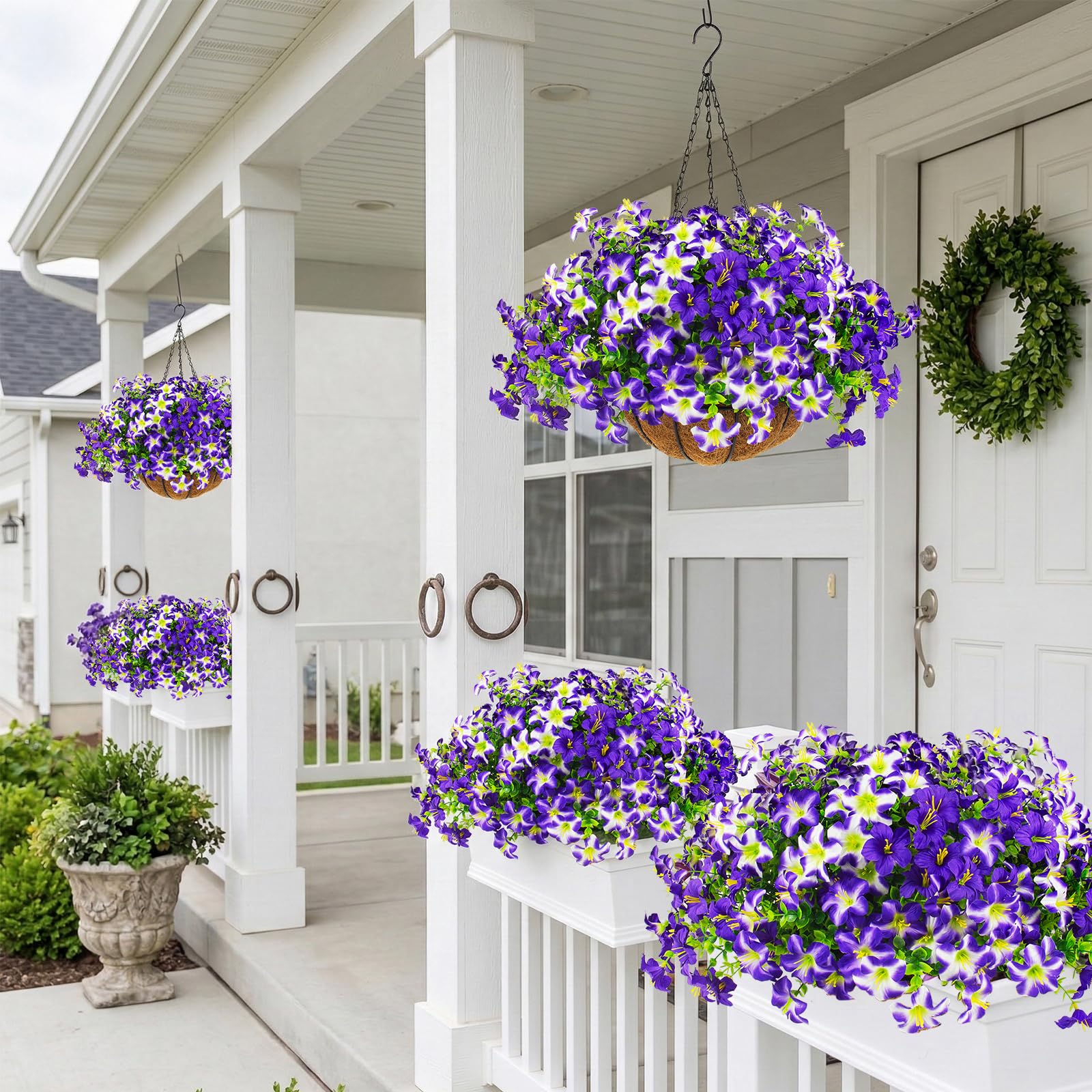 Daynight faux petunias after rain demonstrating waterproof durable advantage