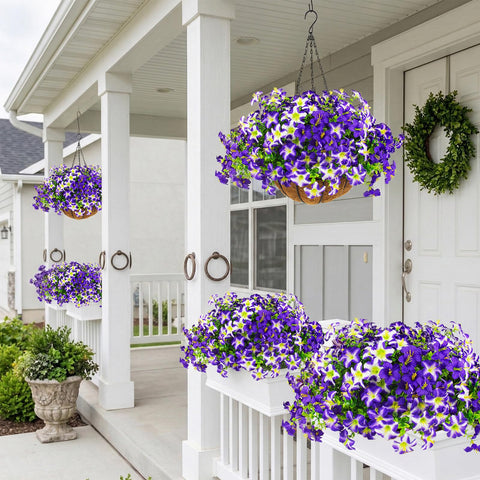 Daynight faux petunias after rain demonstrating waterproof durable advantage