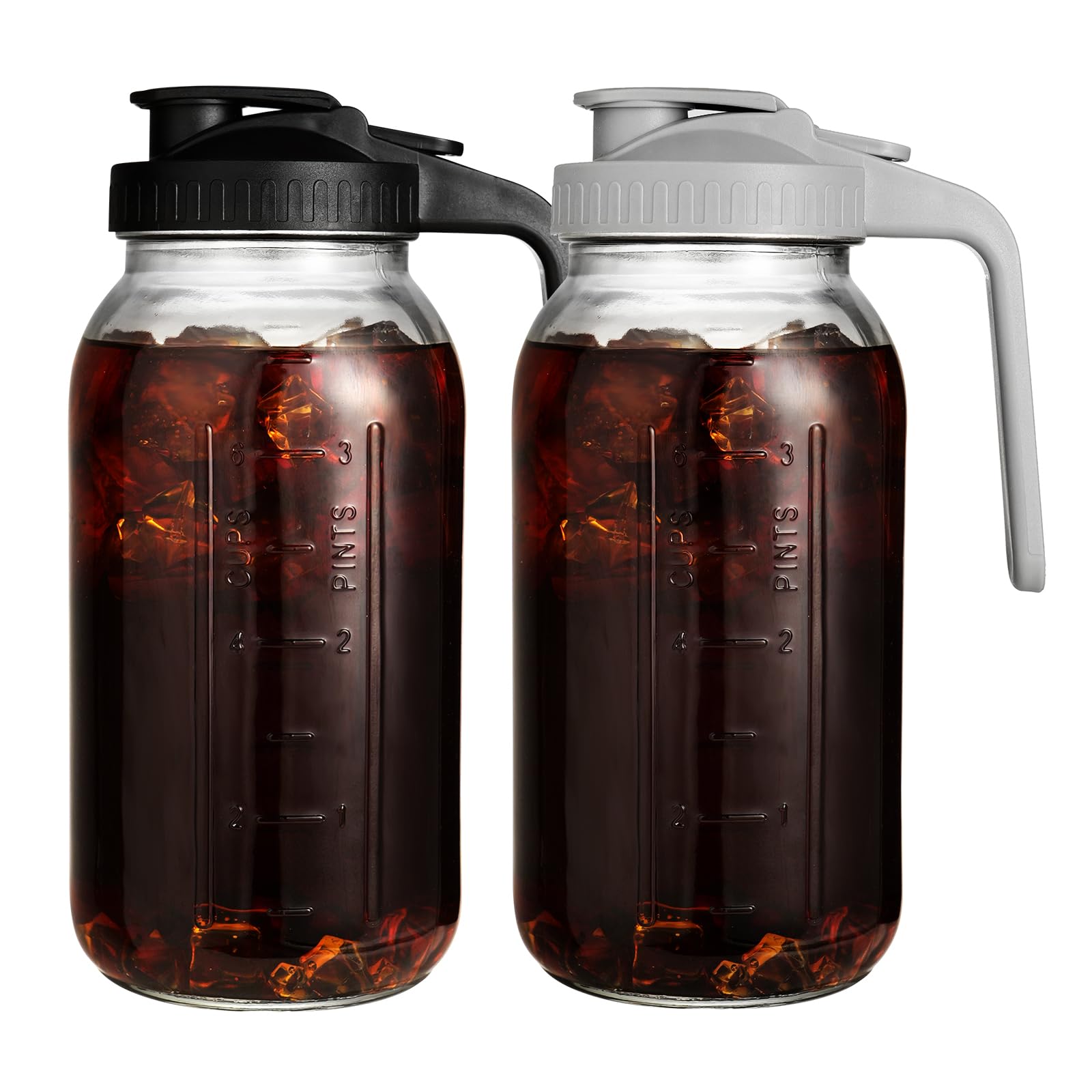 DAZHICN front view of two glass pitchers showing lids and clear glass, neat storage benefit