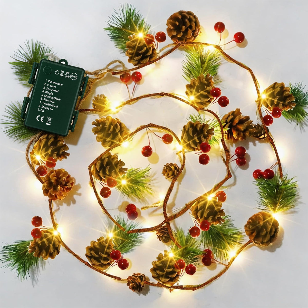 Dazzle Bright front packaging showing two pine cone garlands for easy gifting
