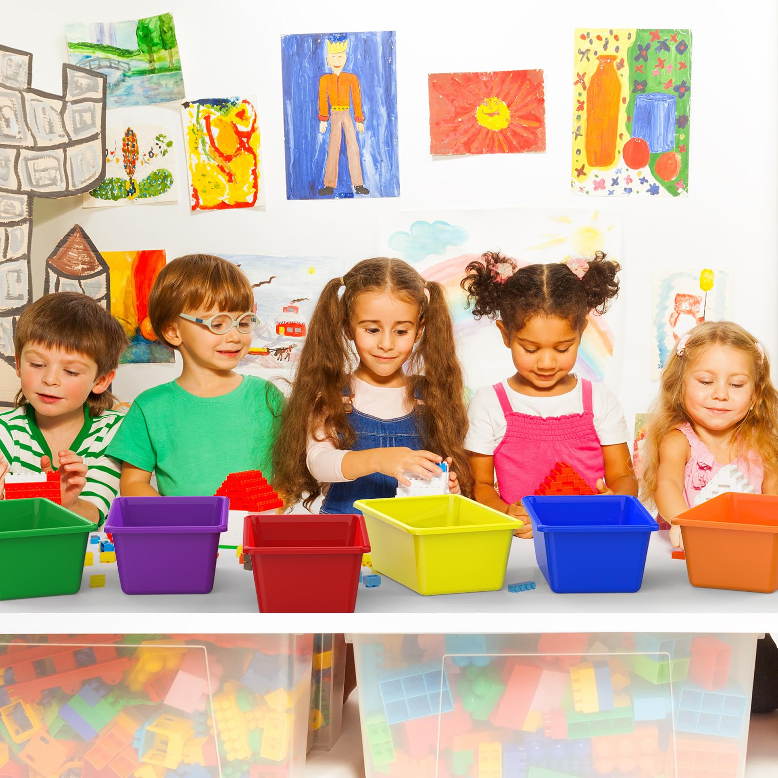 Dcocdeely bins on classroom shelf illustrating tidy storage and easy access