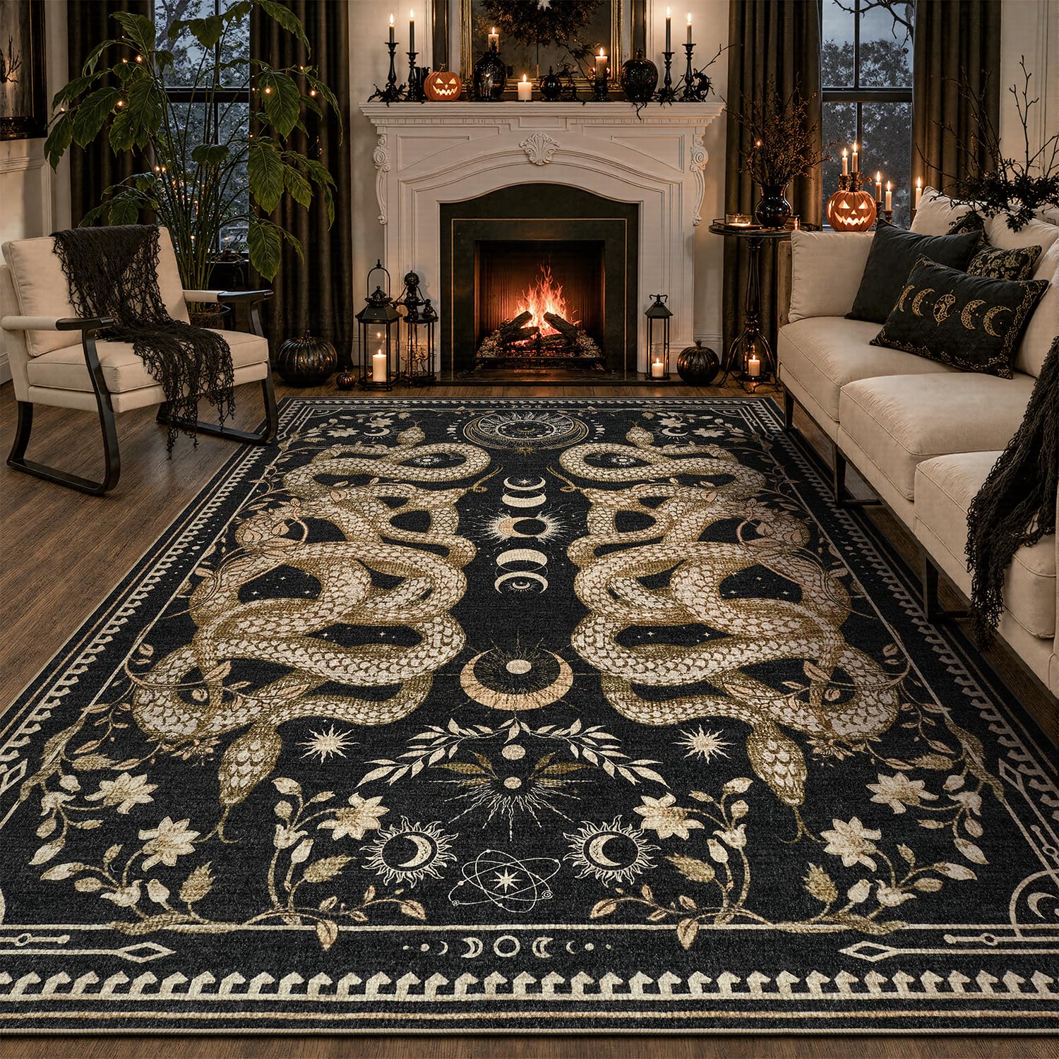 DCX front view of snake rug shows gothic motif and anchors room