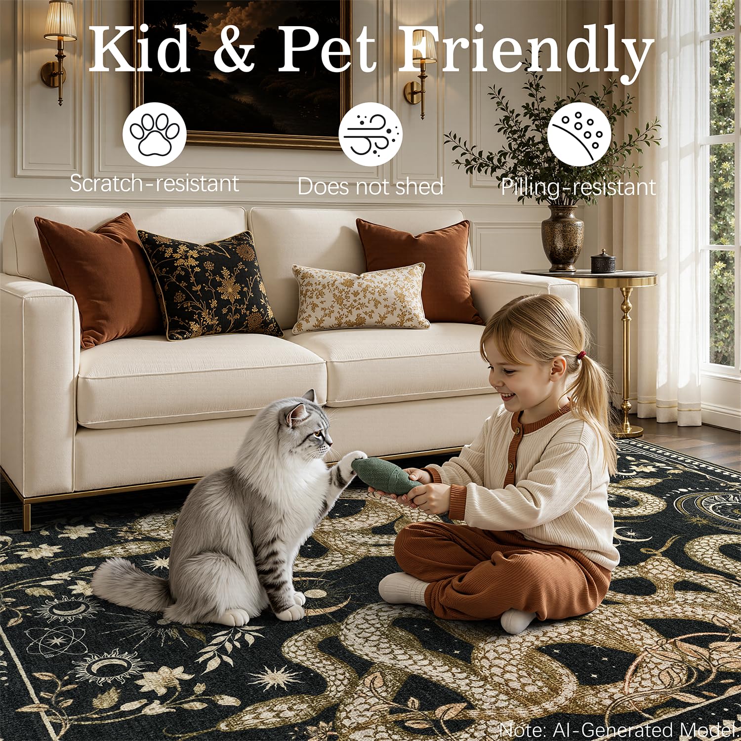 DCX rug in living room styled under coffee table creates dramatic focal