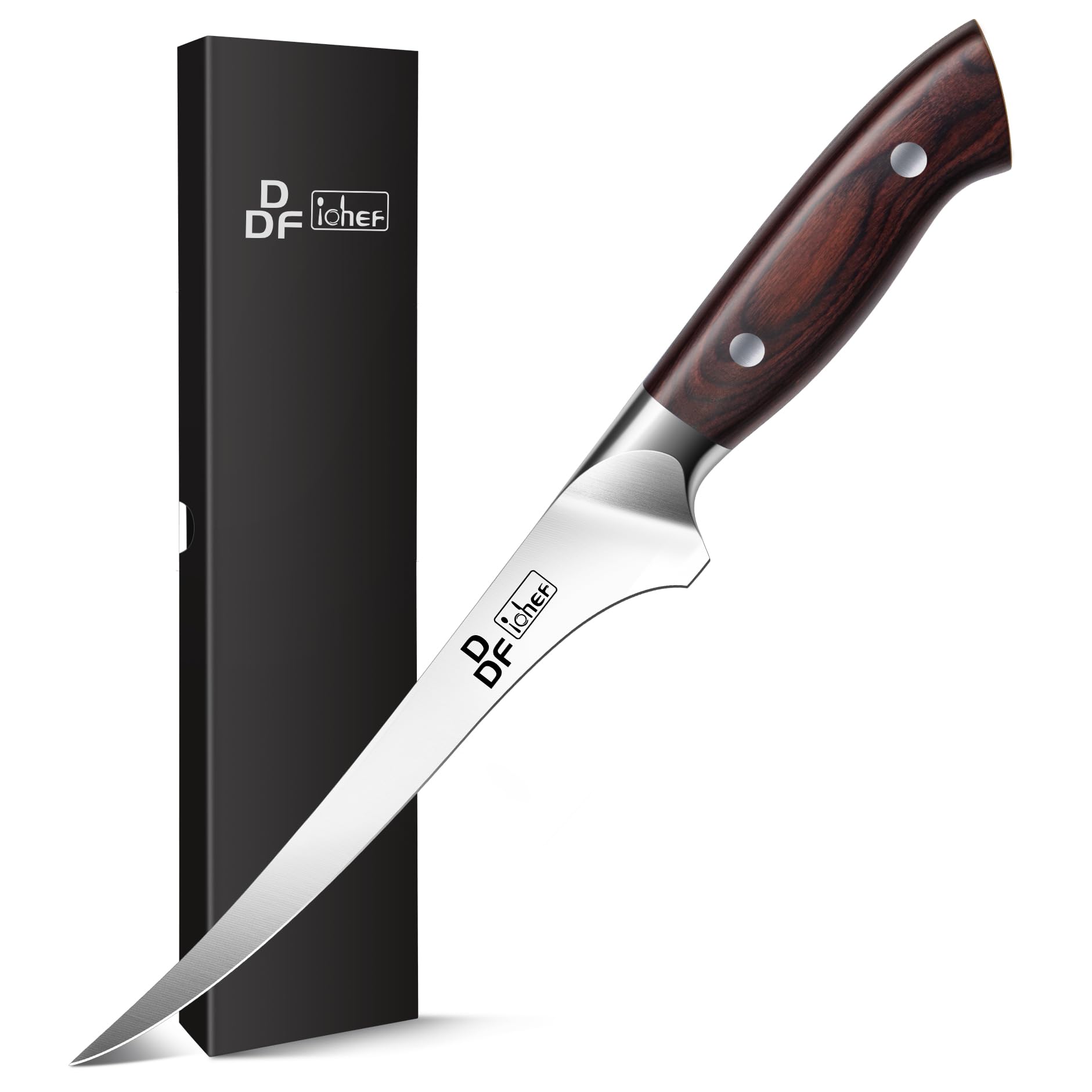 DDF iohEF front view showing full fillet knife and packaging, durable professional tool