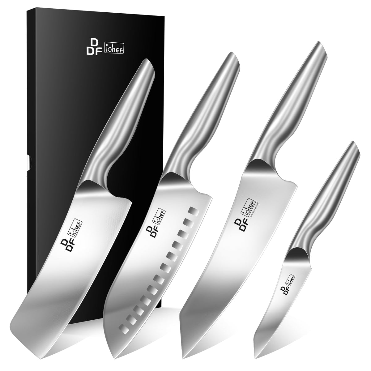 DDF iohEF four-piece knife set front view showing polished blades and handles for durability