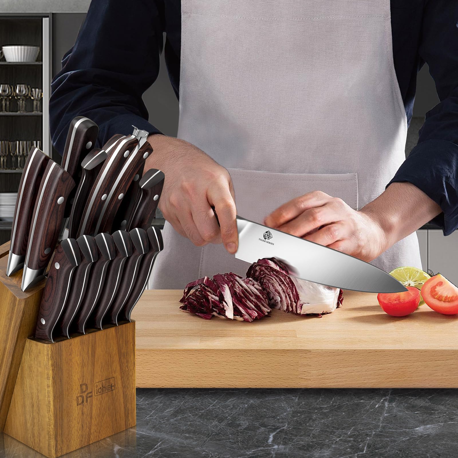 DDF iohEF full knife set on countertop lifestyle scene showing ready-to-cook convenience