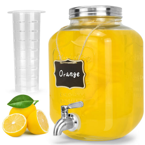 DD&HAPP front view of glass dispenser showing clear jar and lid, attractive display benefit