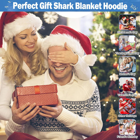 Folded DDMY shark blanket in packaging demonstrating easy storage and gift-ready
