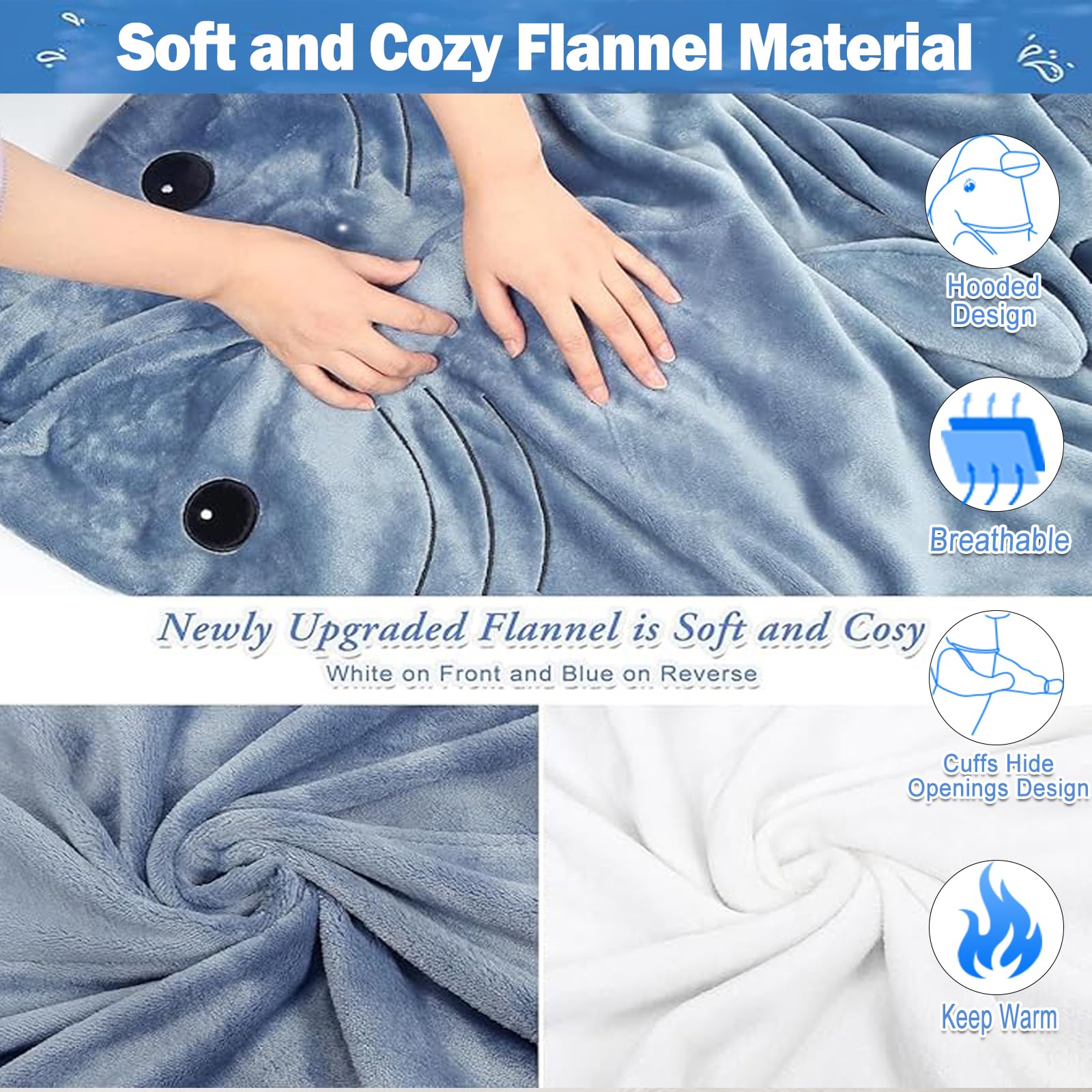 DDMY shark blanket on model showing length and fit for accurate size comparison