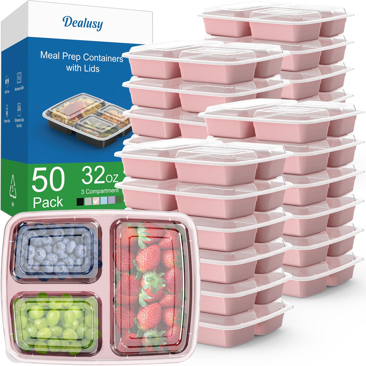 Dealusy front packaging showing 32 oz pink 3-compartment set for organized meal prep