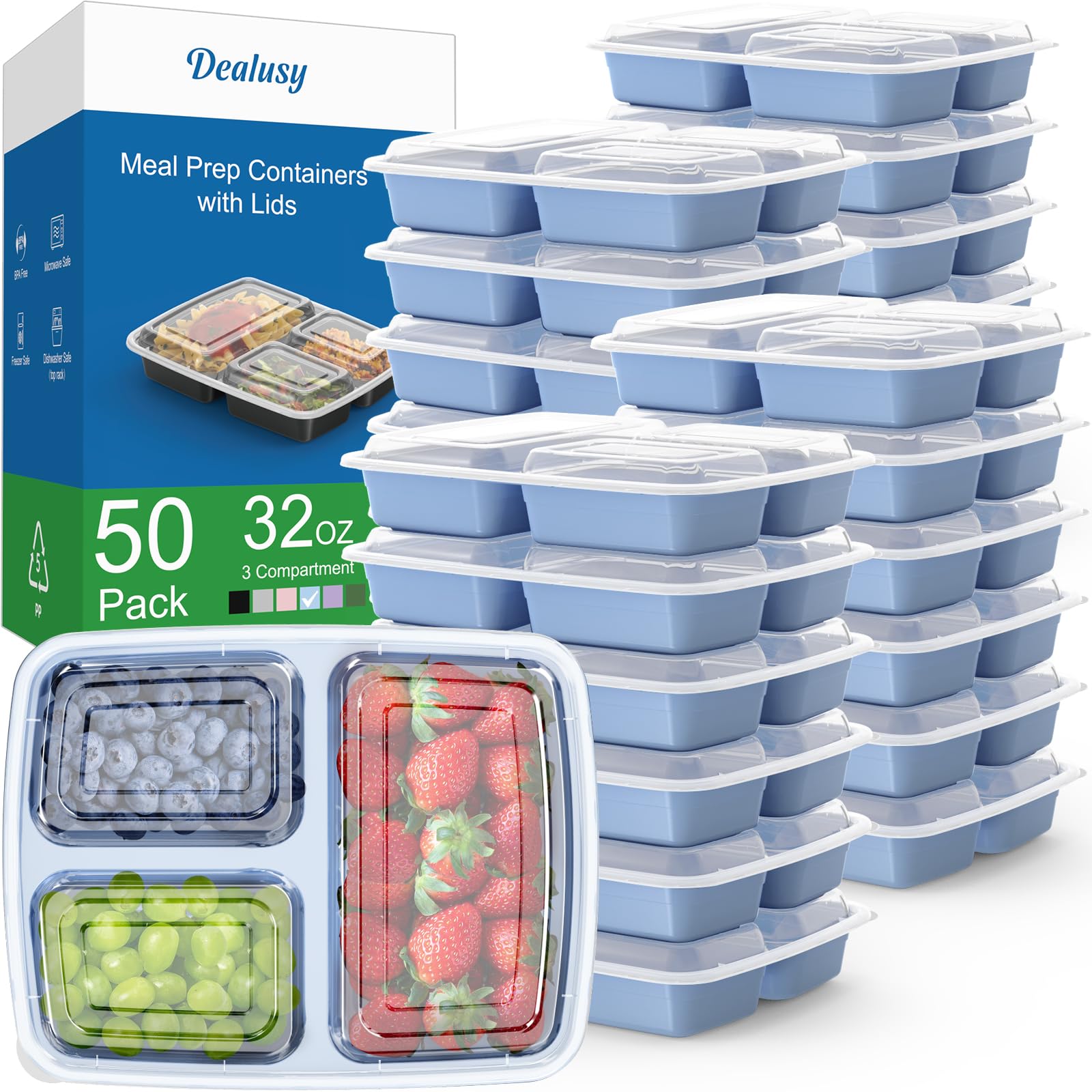 Dealusy front view of blue 3-compartment containers showing organization and capacity