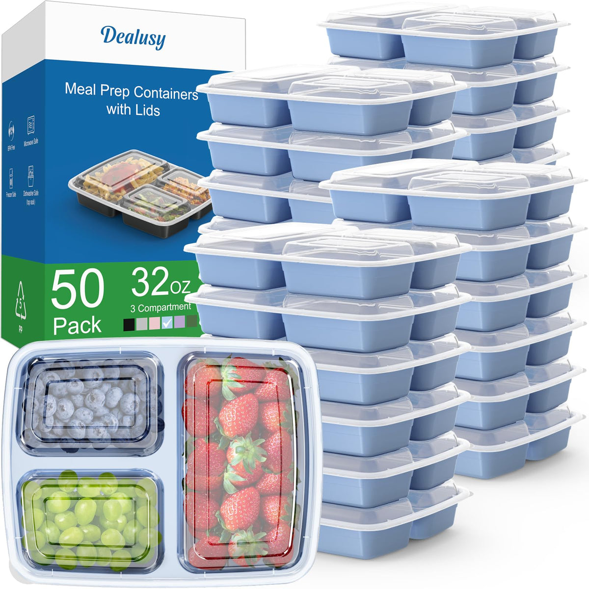 Dealusy front view of blue 3-compartment containers showing organization and capacity