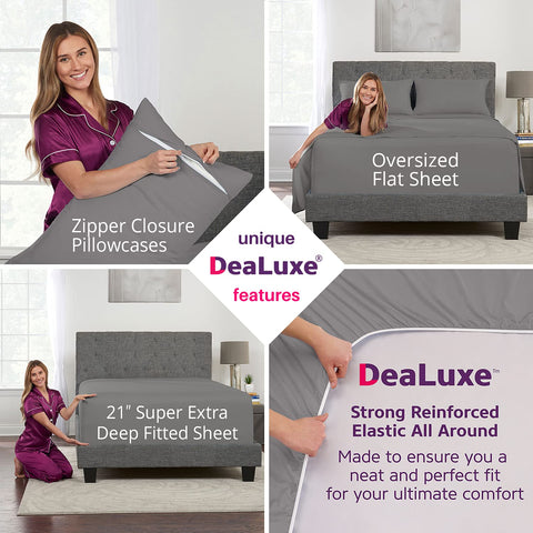 DeaLuxe size comparison showing sheet fit on different mattress heights