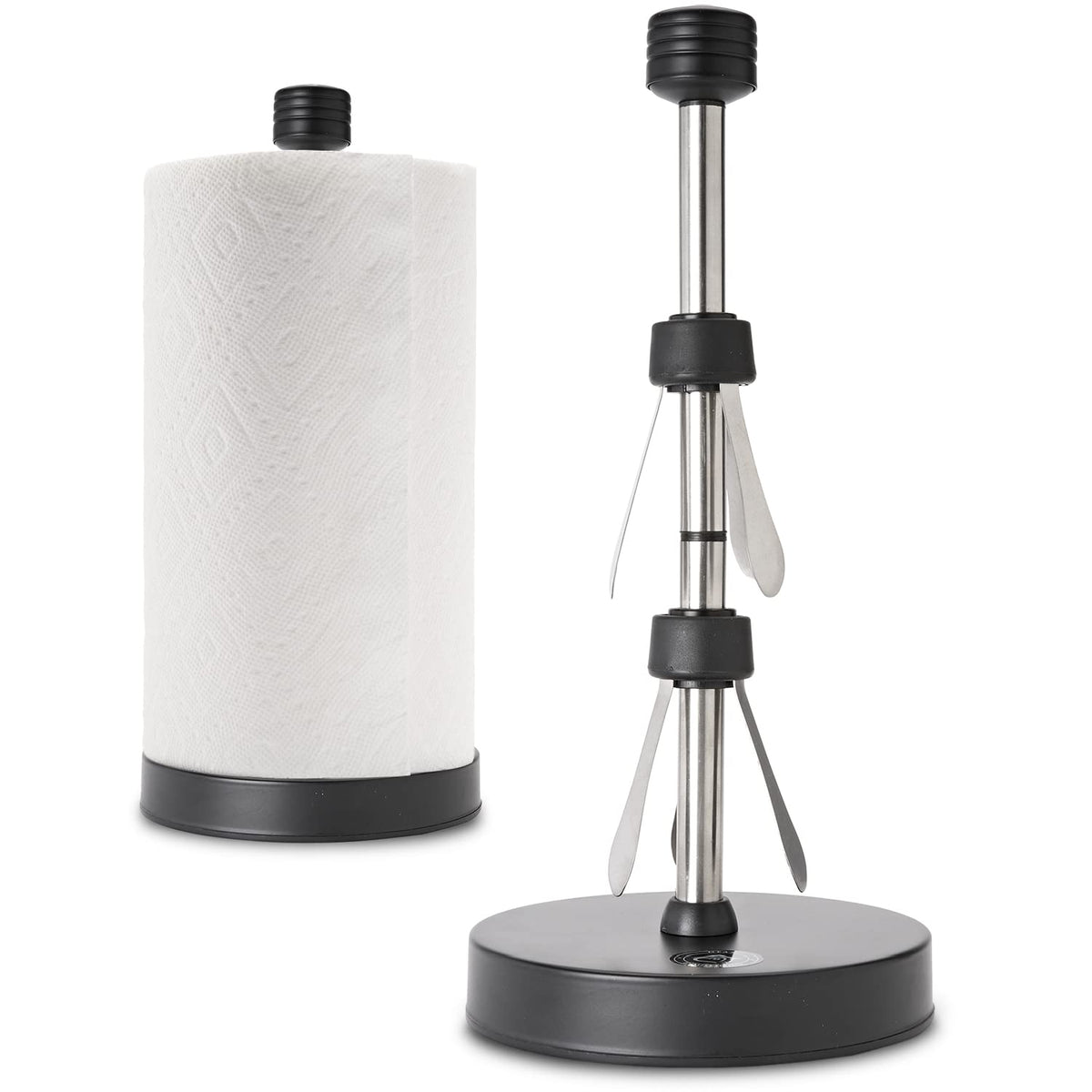 Dear Household front view of black paper towel holder showing clean design and stability