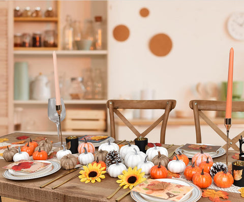 Detail of DearHouse medium white and orange pumpkin highlighting mixed-color styling and realistic stem