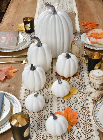 DearHouse mini pumpkins used as place settings for elegant table accents
